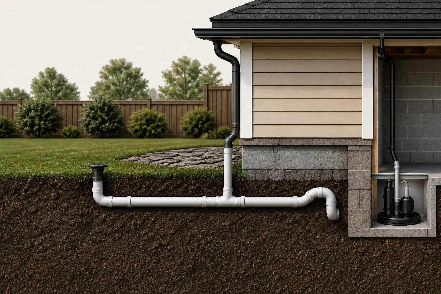 Cutaway of a home's rainwater path: roof edge, gutter, downspout, buried PVC drainline to a pop-up emitter, and a basement sump pump